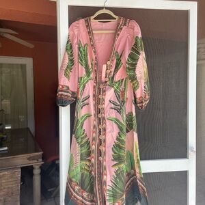FARM Rio Pink and Green Leaf Print Long Sleeve Dress